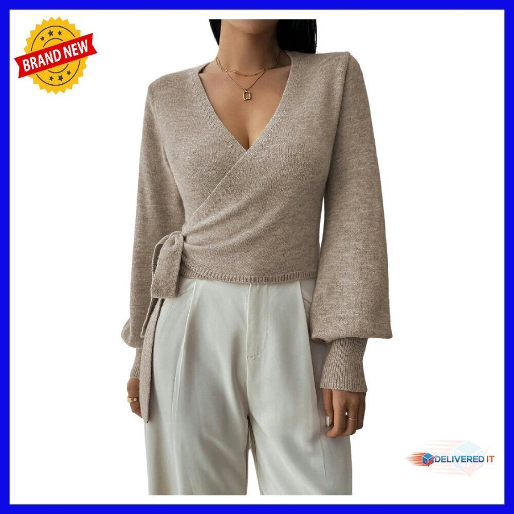 Women's Slim Fit V-Neck Wrap Sweater Crop Top Long Sleeve Pullover